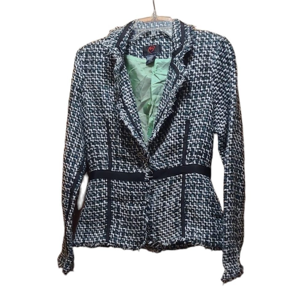 TRUE MEANING Tweed Blazer White/Teal/Black with Grosgrain Trim